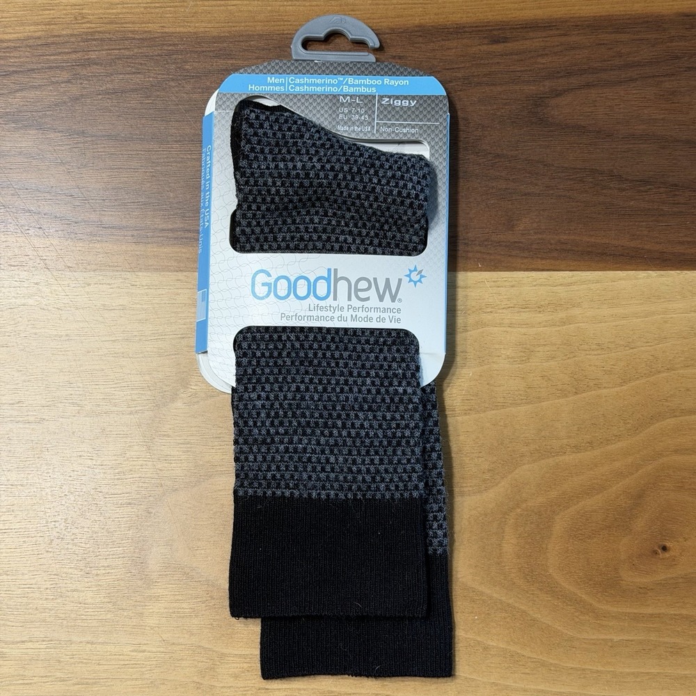 Goodhew SockWell Socks Mens M-L Black Merino Wool Stretch Ziggy Crew Made USA